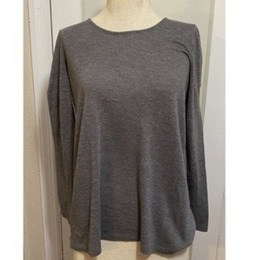 Ann Taylor Top Womens Petite MP Dark Gray Long Sleeve Mixed Media Blouse Shirt